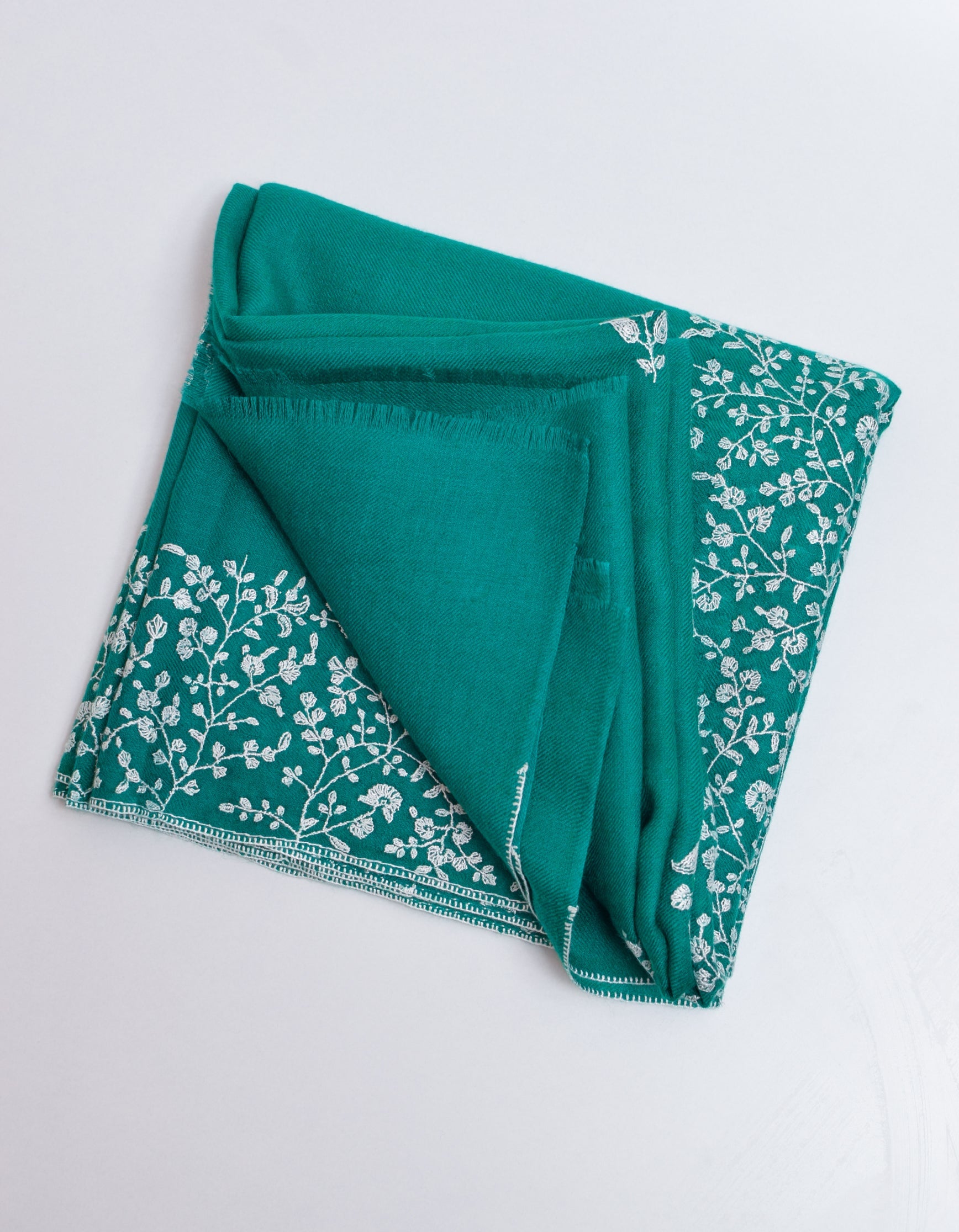 Stone Green Handwoven Sozni Border Embroidered Cashmere Pashmina Shawl