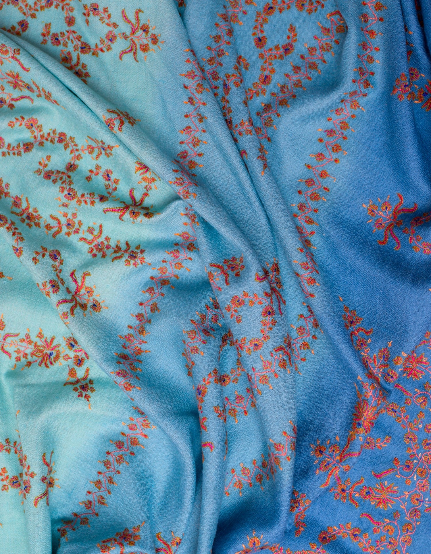 Sozni Embroidered Handwoven Ombre Blue Pashmina Shawl