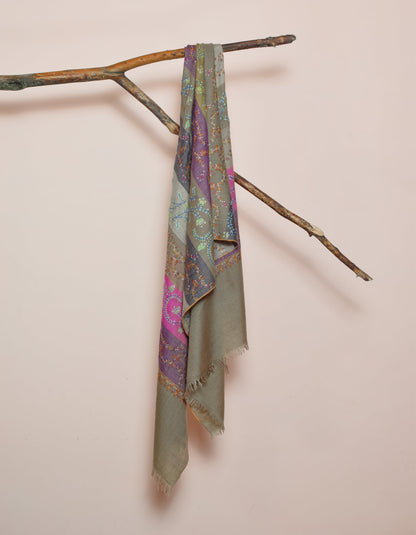 Modern Multi-Pattern Coloured Stripes Handwoven Embroidered Cashmere Pashmina Stole - Kashmir Box