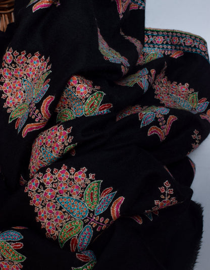 Black Handwoven Multicolour Sozni Bouquet Embroidered Cashmere Pashmina Shawl