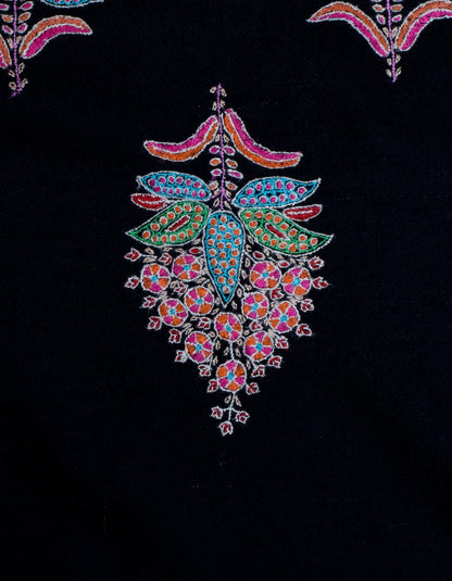 Black Handwoven Multicolour Sozni Bouquet Embroidered Cashmere Pashmina Shawl