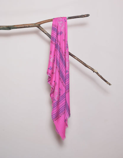 Modern Royal Pink Handwoven Stripes Embroidered Cashmere Pashmina Stole