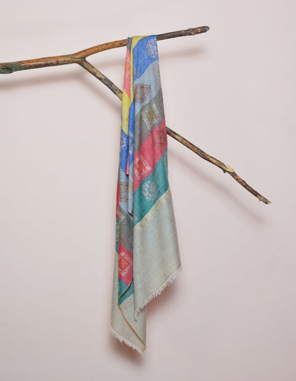 Modern Handwoven Stripes Embroidered Multicolour Cashmere Pashmina Stole