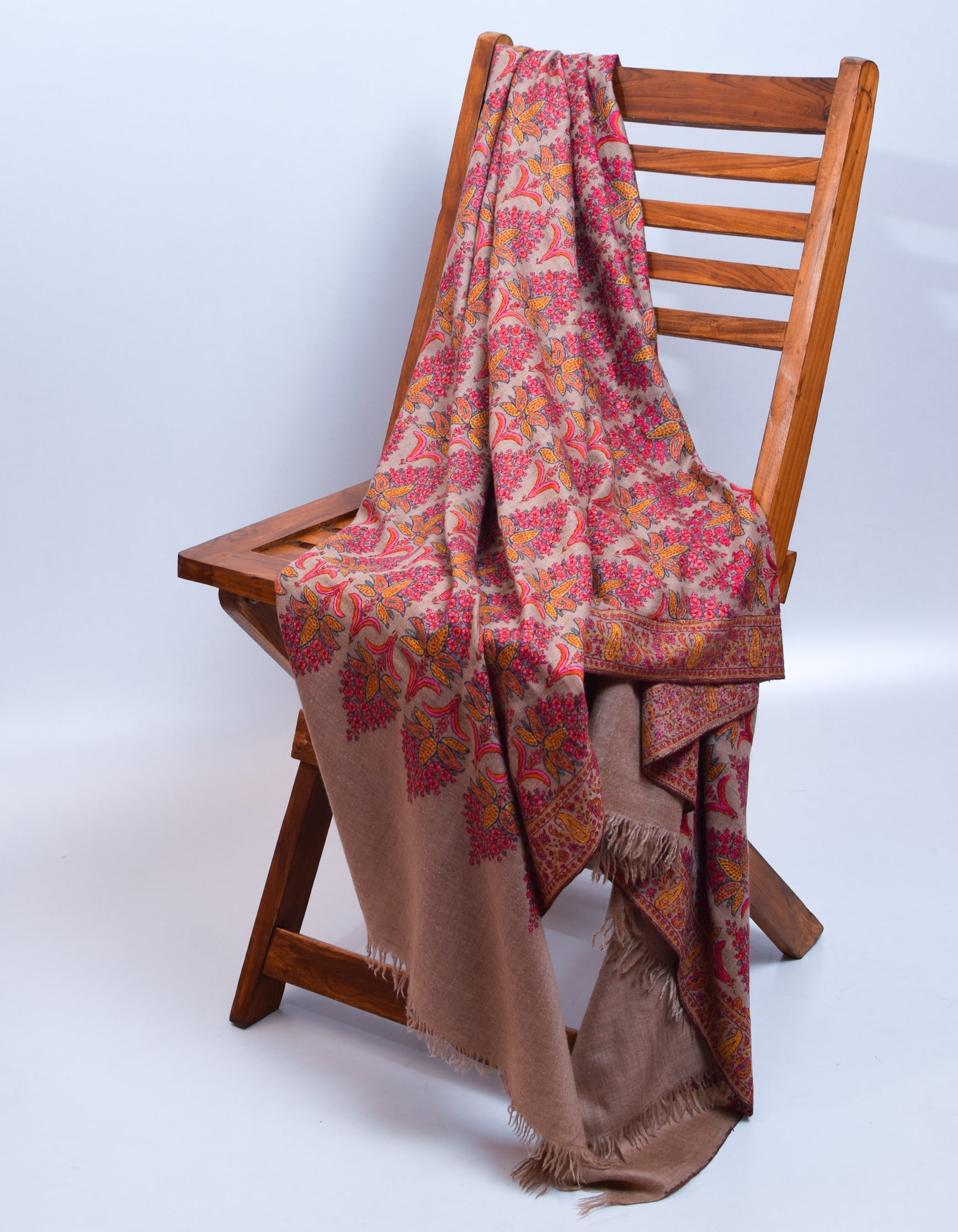 Pastel Toosha Brown Handwoven Sozni Blossom Jamawar Pashmina Shawl