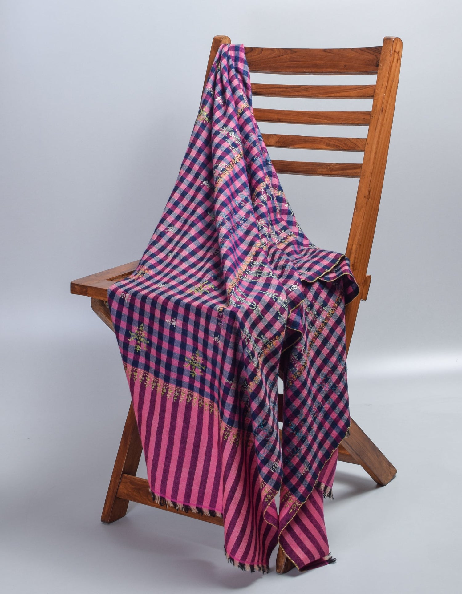 Modern Navy Pink Multi-Pattern Check  Handwoven Embroidered Cashmere Pashmina Stole