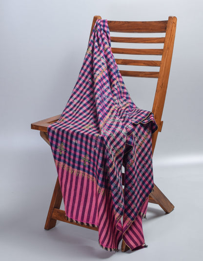 Modern Navy Pink Multi-Pattern Check  Handwoven Embroidered Cashmere Pashmina Stole - Kashmir Box