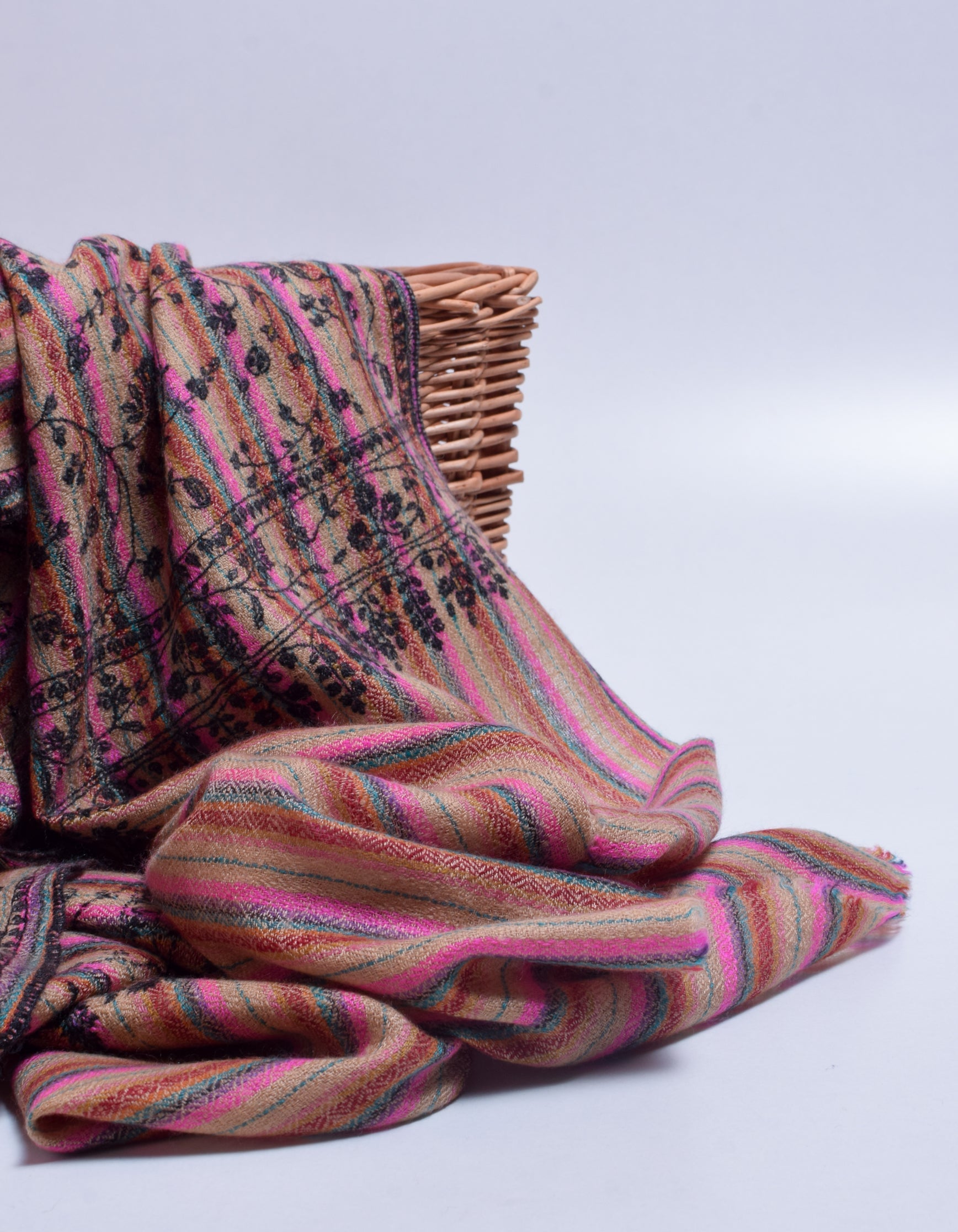 Multicolour Stripes Handwoven Sozni Embroidered Cashmere Pashmina Stole