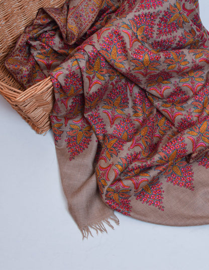 Pastel Toosha Brown Handwoven Sozni Blossom Jamawar Pashmina Shawl