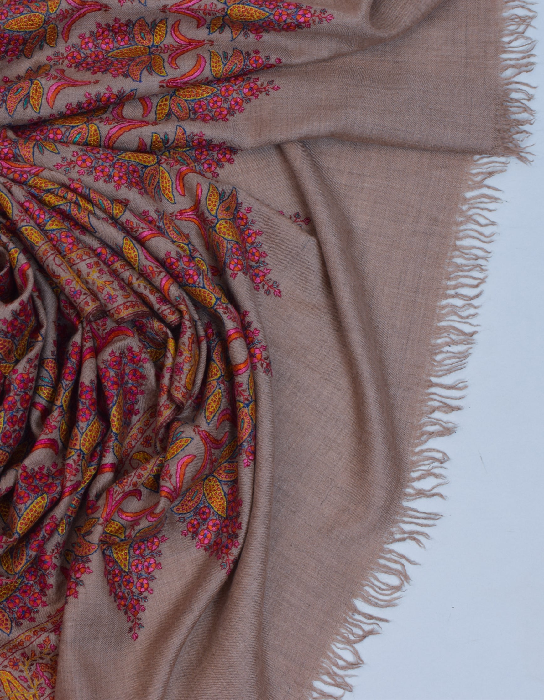 Pastel Toosha Brown Handwoven Sozni Blossom Jamawar Pashmina Shawl