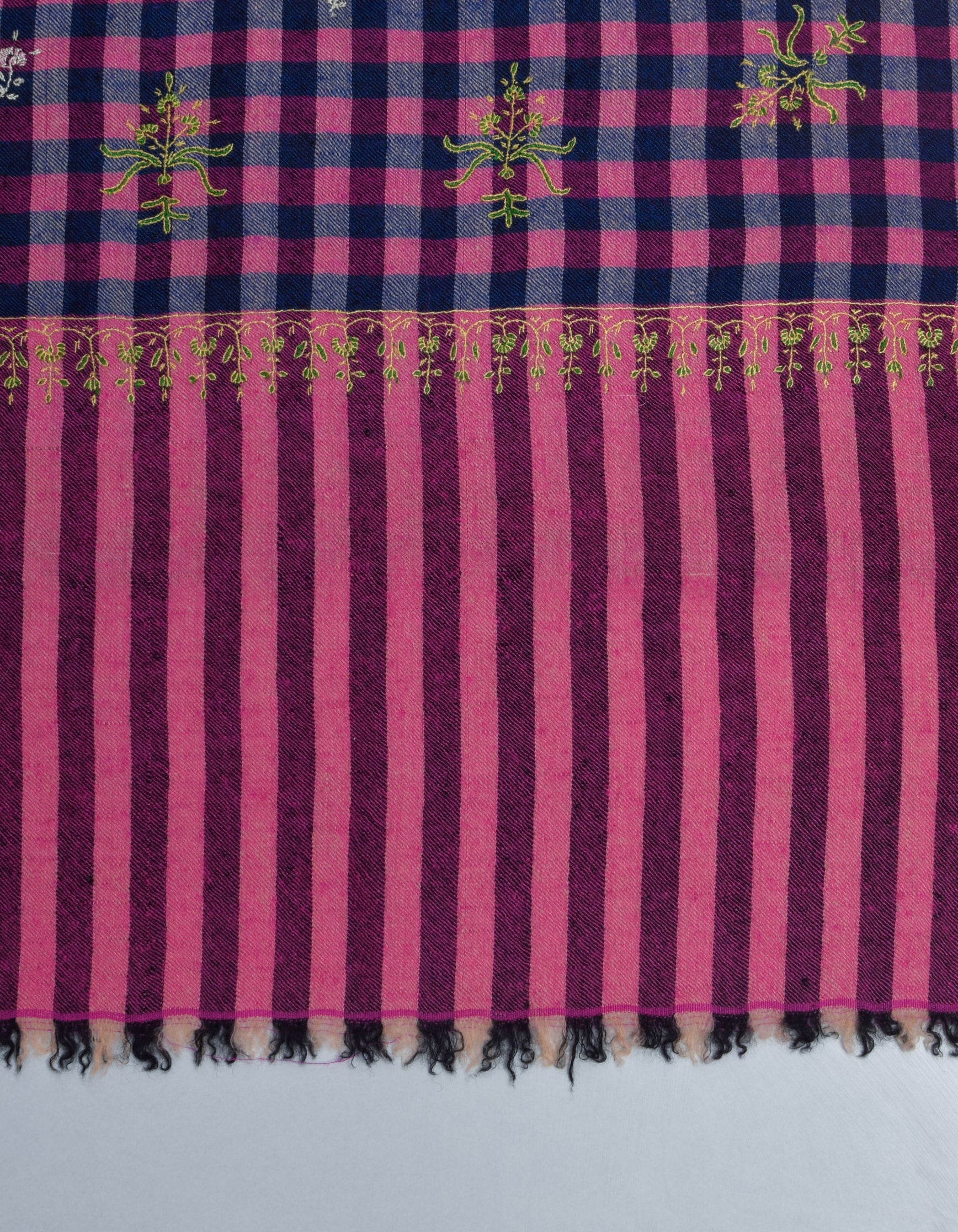 Modern Navy Pink Multi-Pattern Check  Handwoven Embroidered Cashmere Pashmina Stole