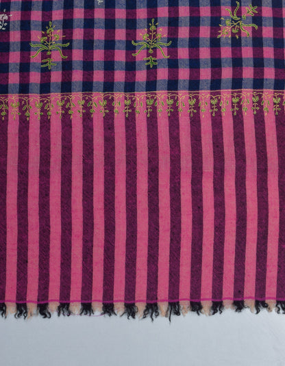 Modern Navy Pink Multi-Pattern Check  Handwoven Embroidered Cashmere Pashmina Stole