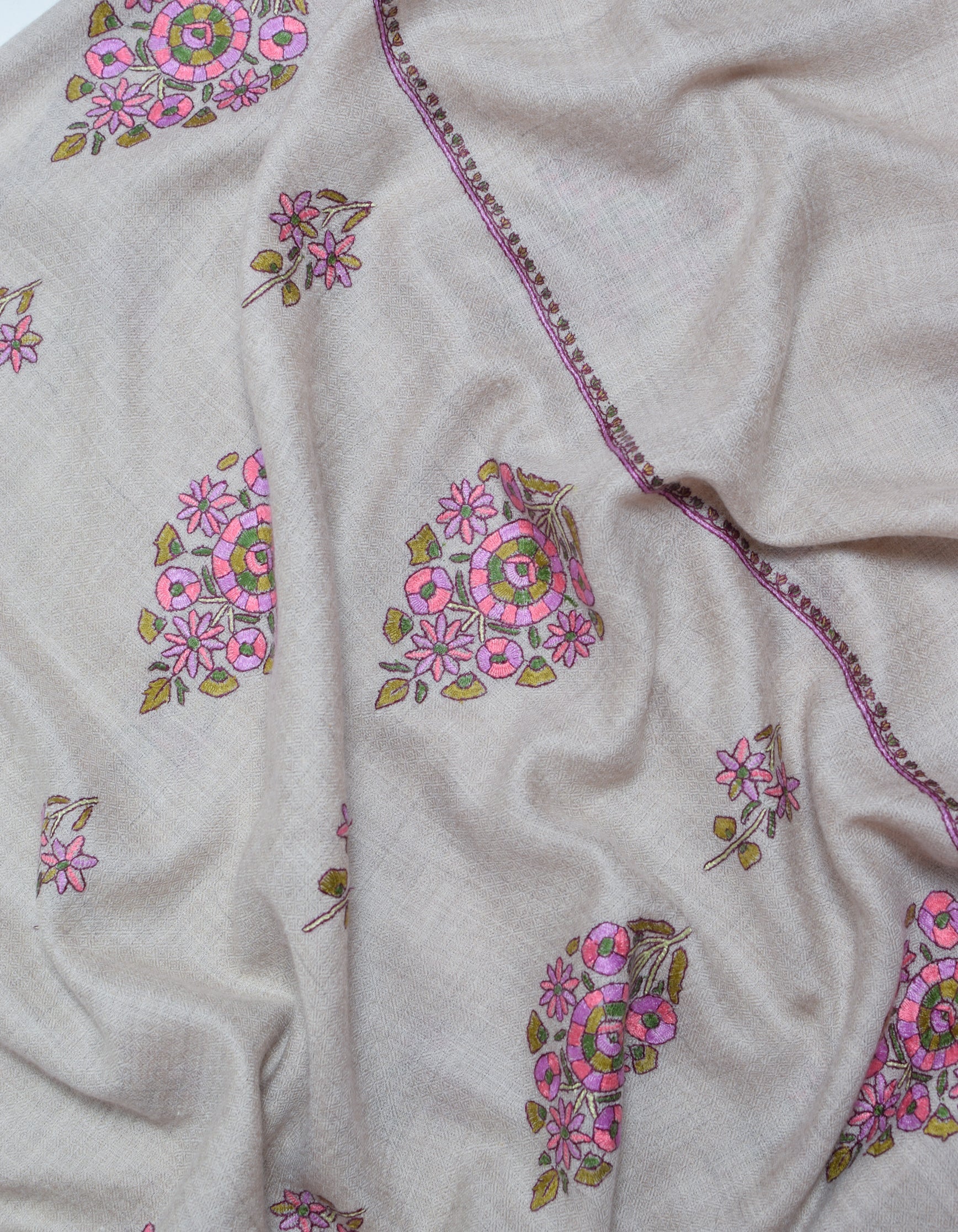 Pastel Grey Handwoven Floral Sozni Embroidered Cashmere Pashmina Stole