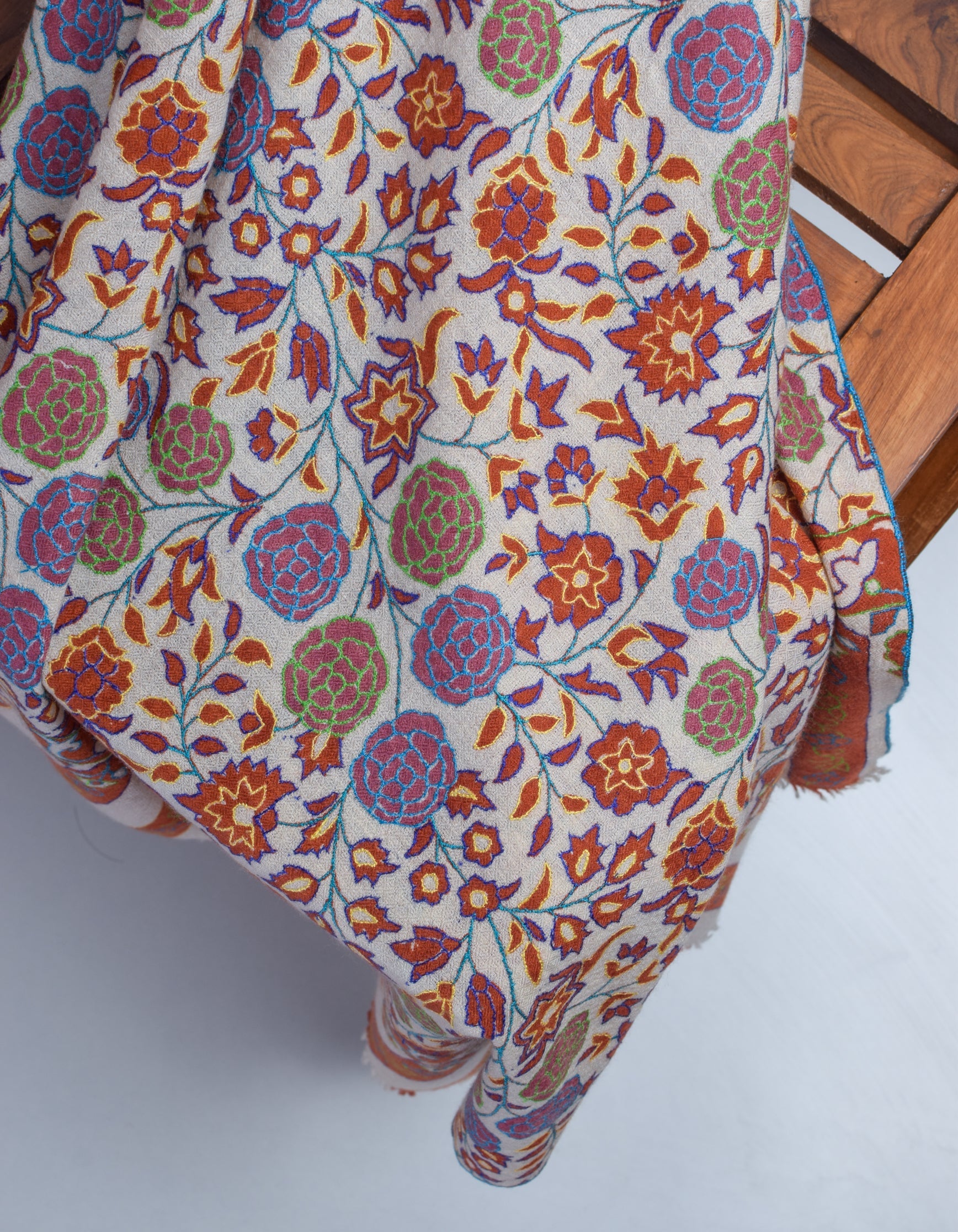 Rust Rose Handwoven Kani Pattern Embroidered Cashmere Pashmina Stole - Kashmir Box