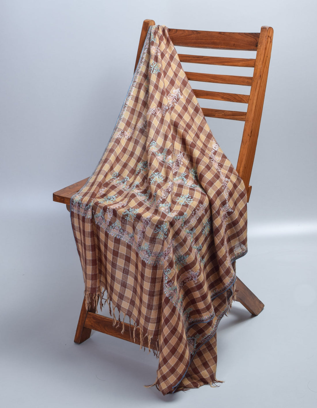 Modern Coffee Multi-Pattern Check Handwoven Embroidered Cashmere Pashmina Stole - Kashmir Box