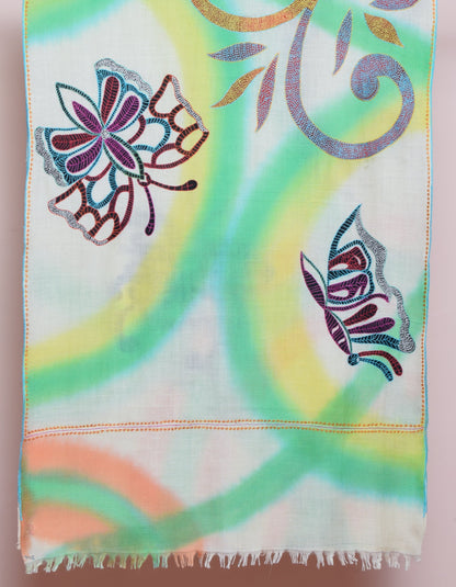 Multicolour Ombre Handwoven Sozni Butterfly Embroidered Cashmere Pashmina Stole