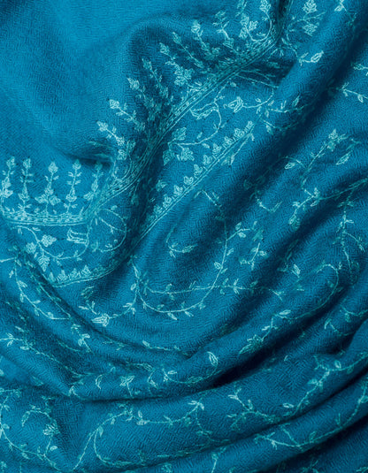 Deep Blue Handwoven Jaali Embroidered Cashmere Pashmina Shawl - Kashmir Box
