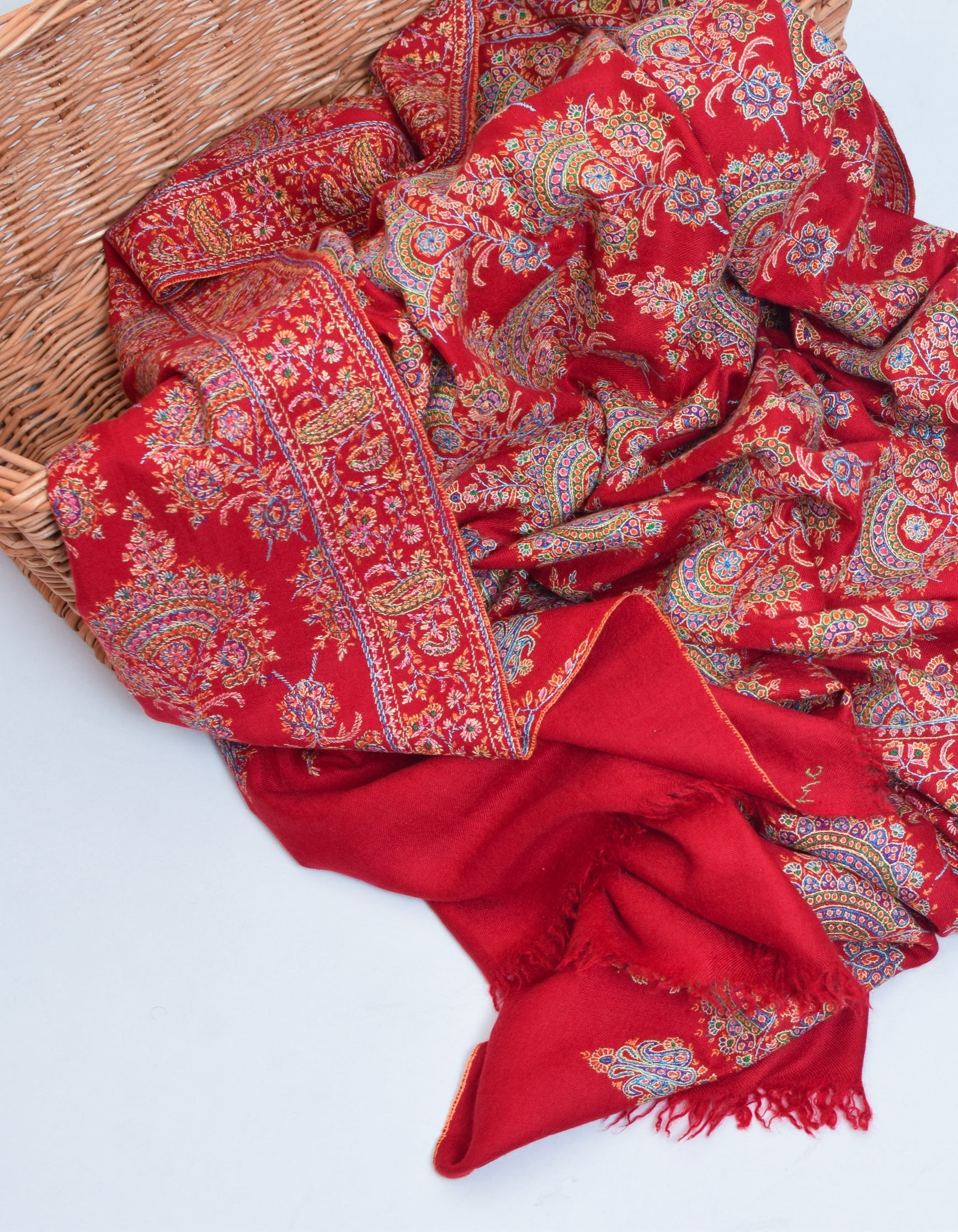 Red Handwoven Sozni Floral Embroidered Jamawar Pashmina Shawl