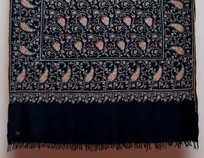 Jet Black Handwoven Multicolour Sozni Jaali Embroidered Cashmere Pashmina Shawl