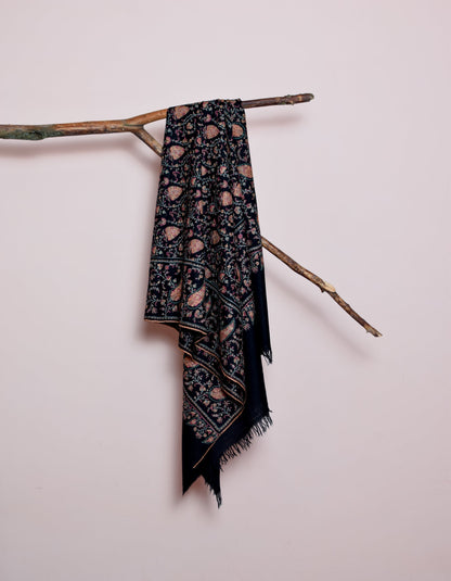 Jet Black Handwoven Multicolour Sozni Jaali Embroidered Cashmere Pashmina Shawl