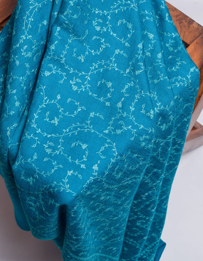 Deep Blue Handwoven Jaali Embroidered Cashmere Pashmina Shawl - Kashmir Box
