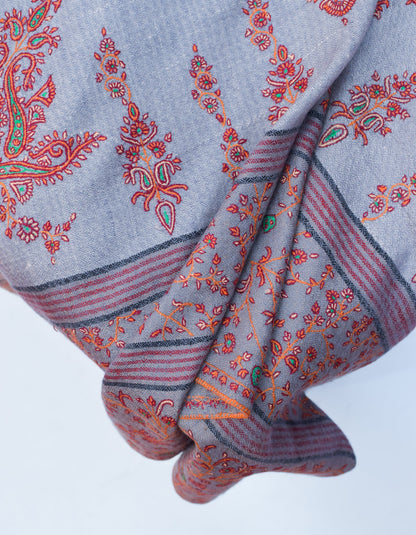 Grey Striped Handwoven Sozni Embroidered Pashmina Shawl