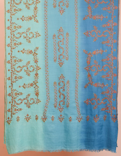 Sozni Embroidered Handwoven Ombre Blue Pashmina Shawl