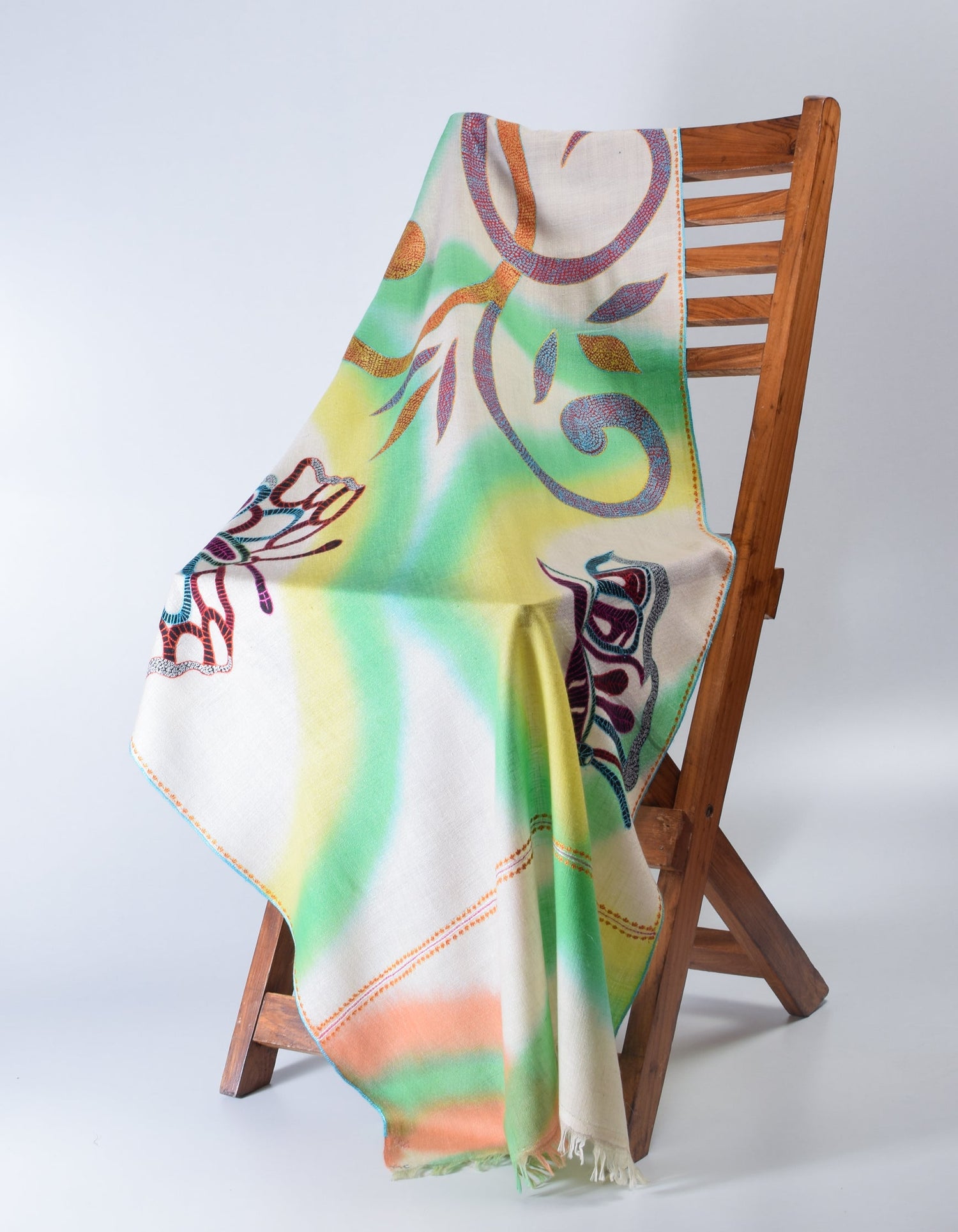 Multicolour Ombre Handwoven Sozni Butterfly Embroidered Cashmere Pashmina Stole