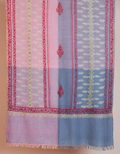 Modern Sozni Embroidered Handwoven Pink-Grey Pashmina Stole