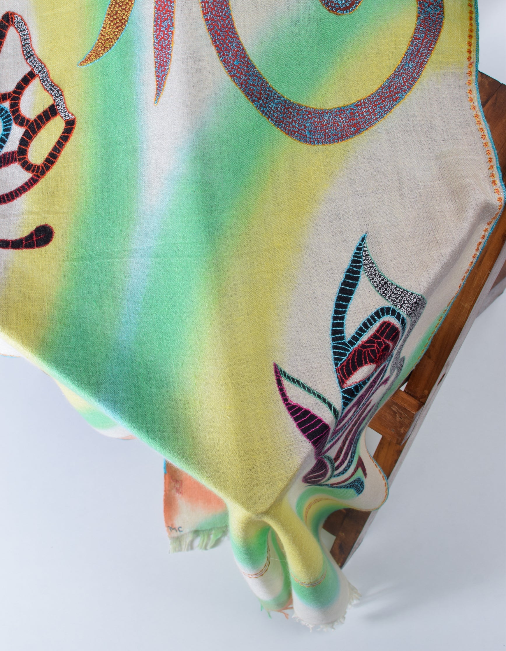 Multicolour Ombre Handwoven Sozni Butterfly Embroidered Cashmere Pashmina Stole