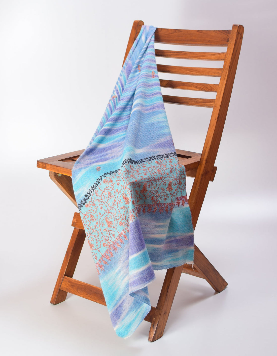 Multi-Blue Ikat Handwoven Sozni Embroidered Cashmere Pashmina Stole