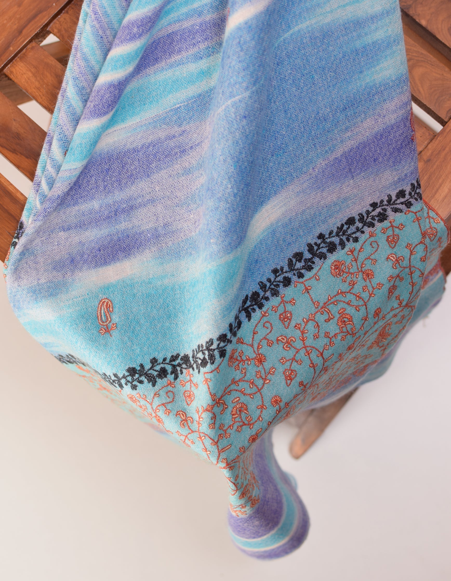 Multi-Blue Ikat Handwoven Sozni Embroidered Cashmere Pashmina Stole