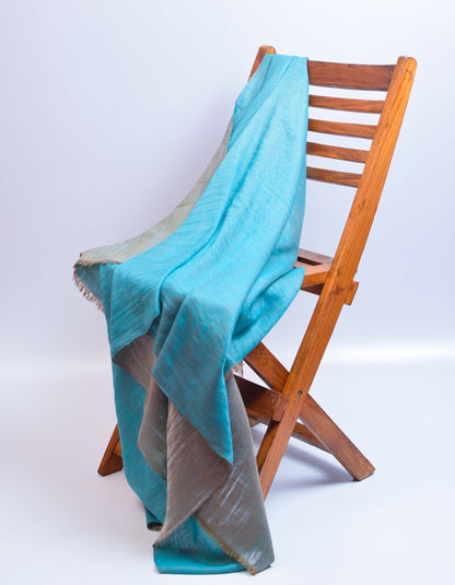 Aqua Silver Zari Handwoven Reversible Cashmere Pashmina Shawl - Kashmir Box