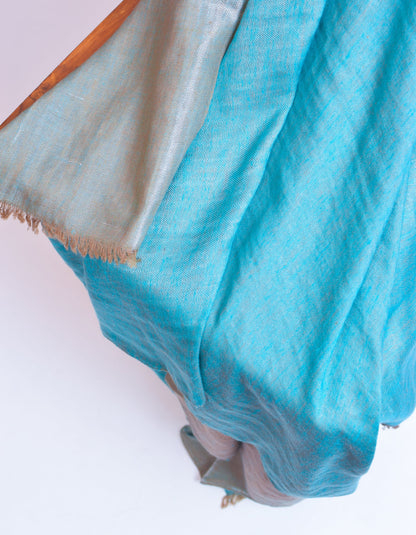 Aqua Silver Zari Handwoven Reversible Cashmere Pashmina Shawl - Kashmir Box