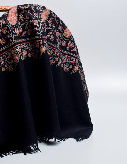 Jet Black Handwoven Multicolour Sozni Jaali Embroidered Cashmere Pashmina Shawl