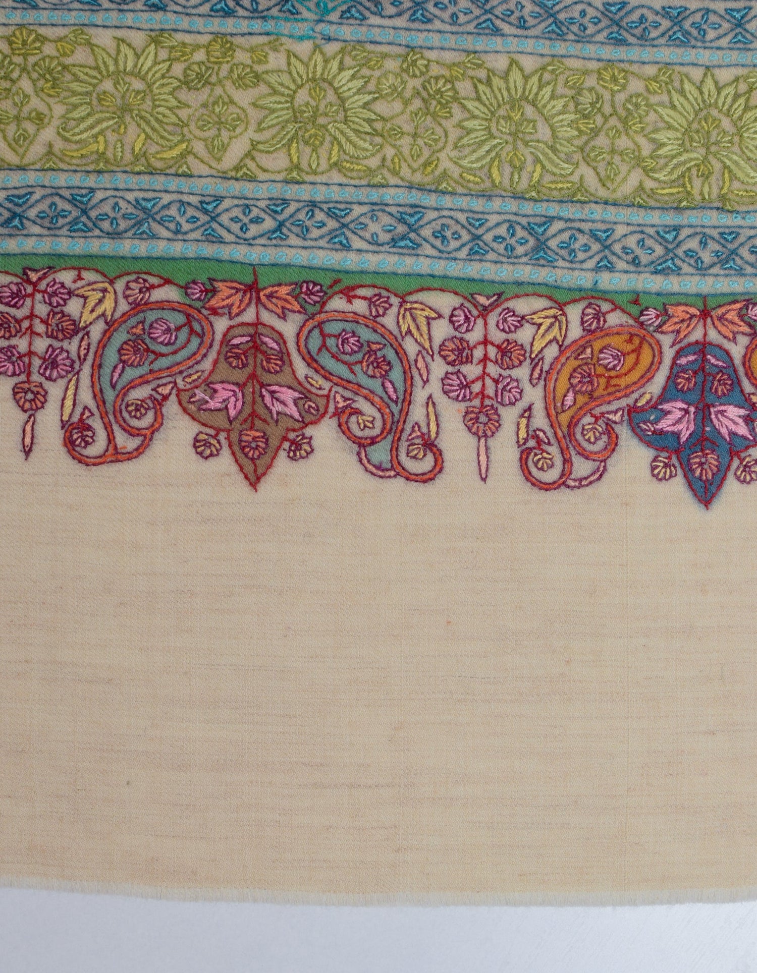 Light Beige Handwoven Kalamkari Sozni Embroidered Cashmere Pashmina Shawl