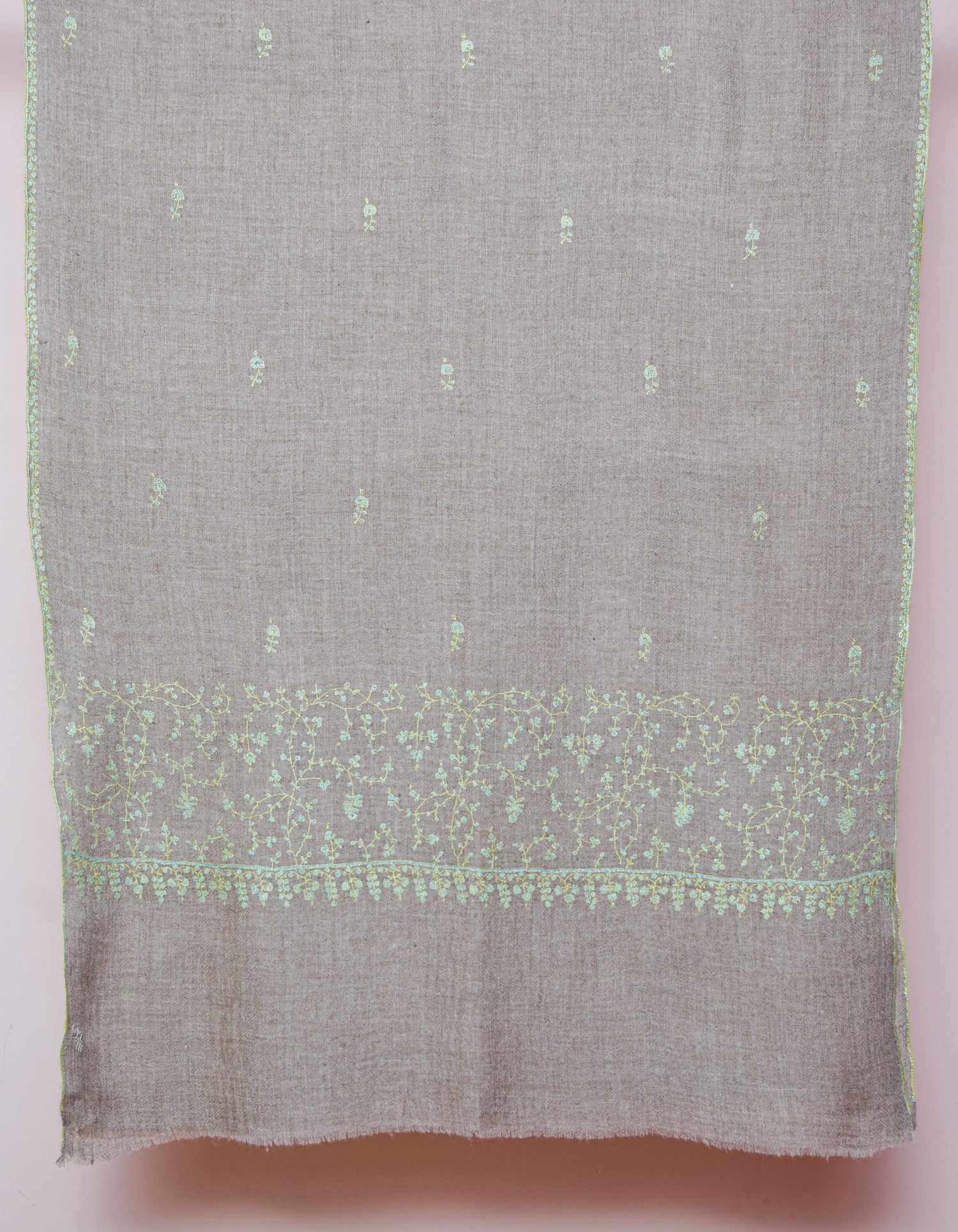 Pale Khaki Handwoven Sozni Embroidered Cashmere Pashmina Stole - Kashmir Box
