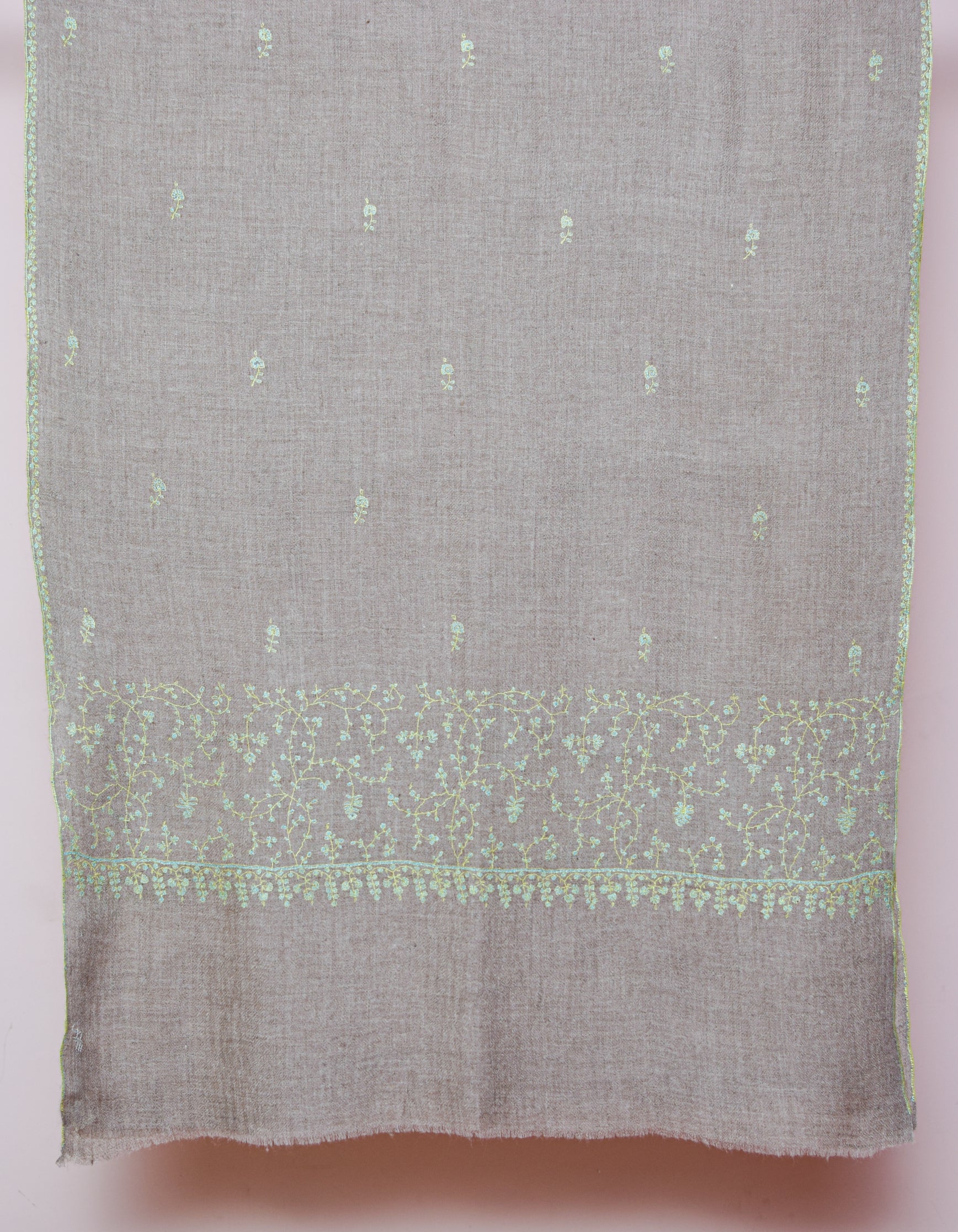 Pale Khaki Handwoven Sozni Embroidered Cashmere Pashmina Stole - Kashmir Box