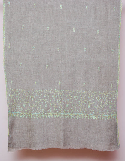 Pale Khaki Handwoven Sozni Embroidered Cashmere Pashmina Stole - Kashmir Box