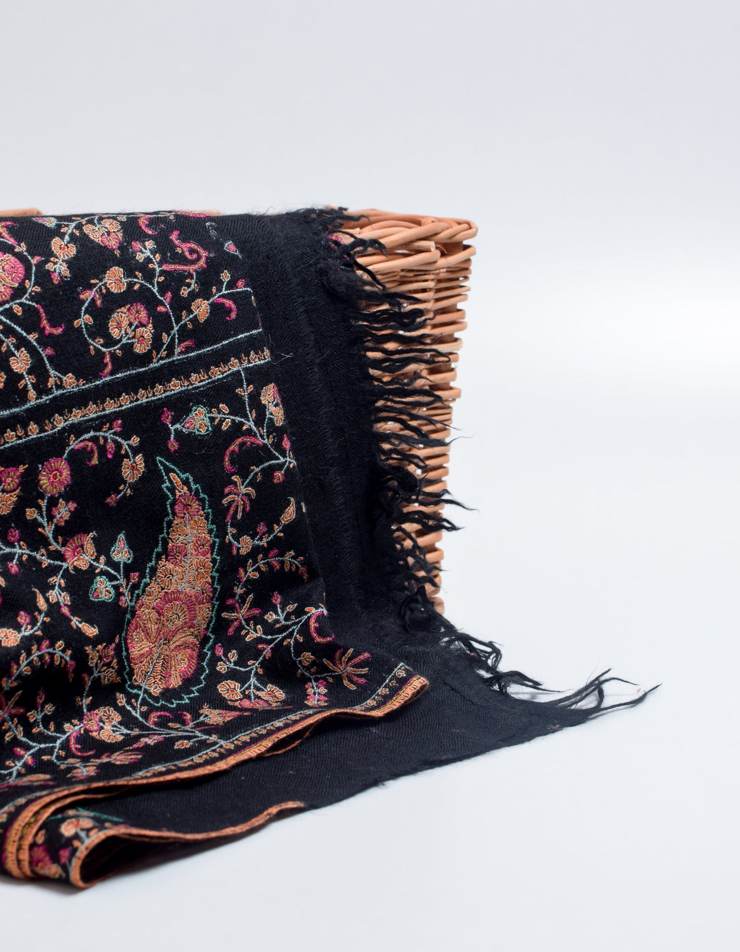 Jet Black Handwoven Multicolour Sozni Jaali Embroidered Cashmere Pashmina Shawl