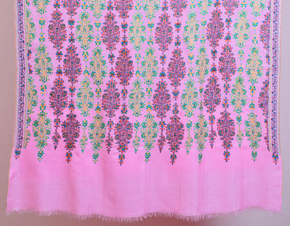 Baby Pink Handwoven Sozni Floral Embroidered Jamawar Pashmina Shawl