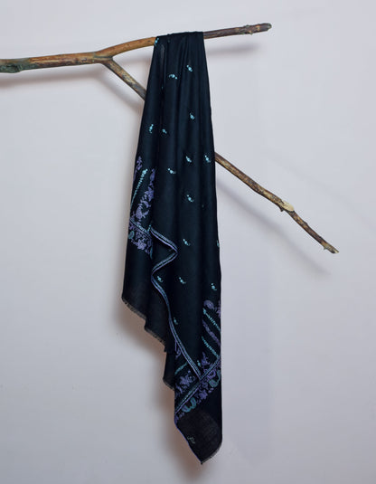 Jet Black Handwoven Border Embroidered Cashmere Pashmina Stole