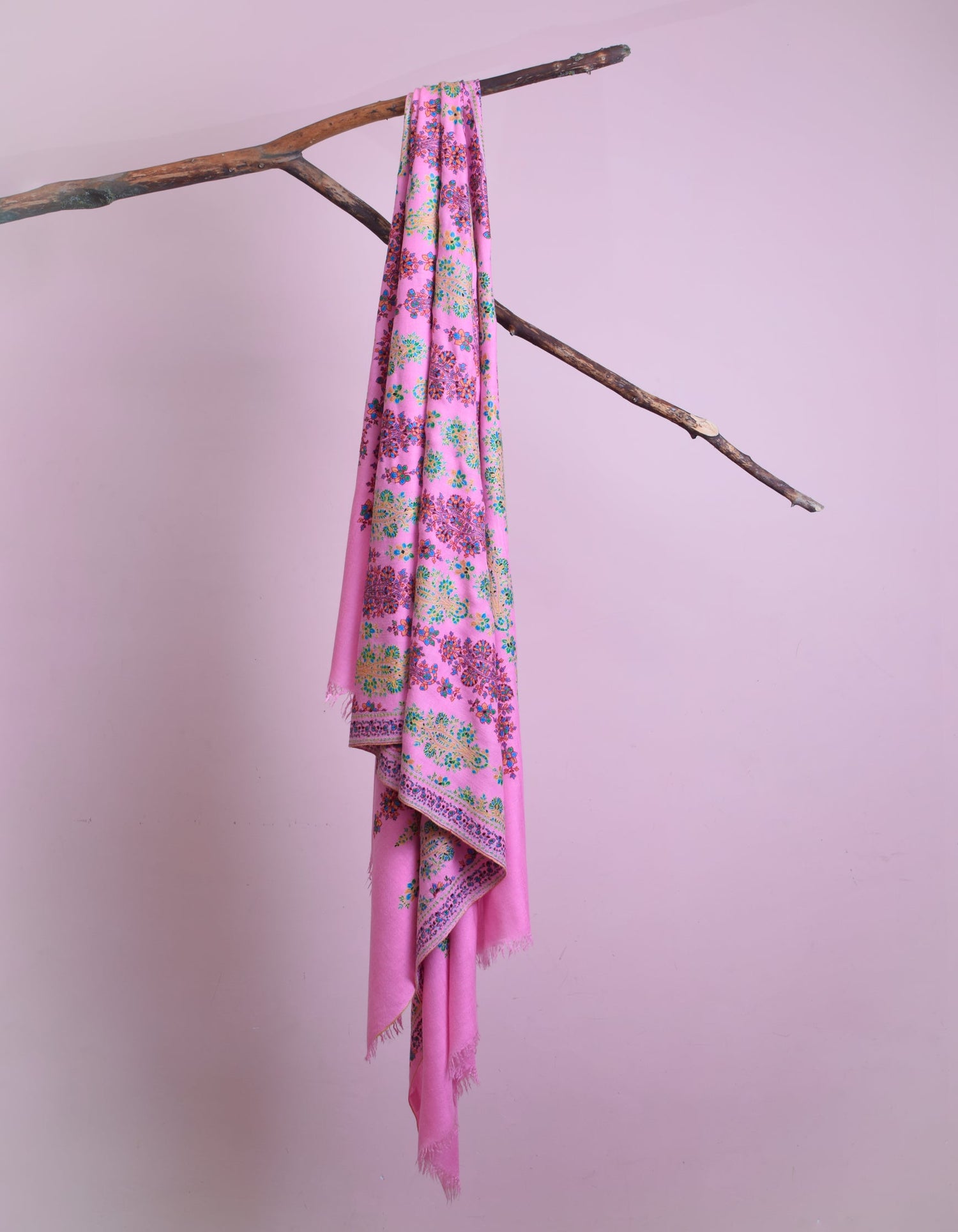 Baby Pink Handwoven Sozni Floral Embroidered Jamawar Pashmina Shawl