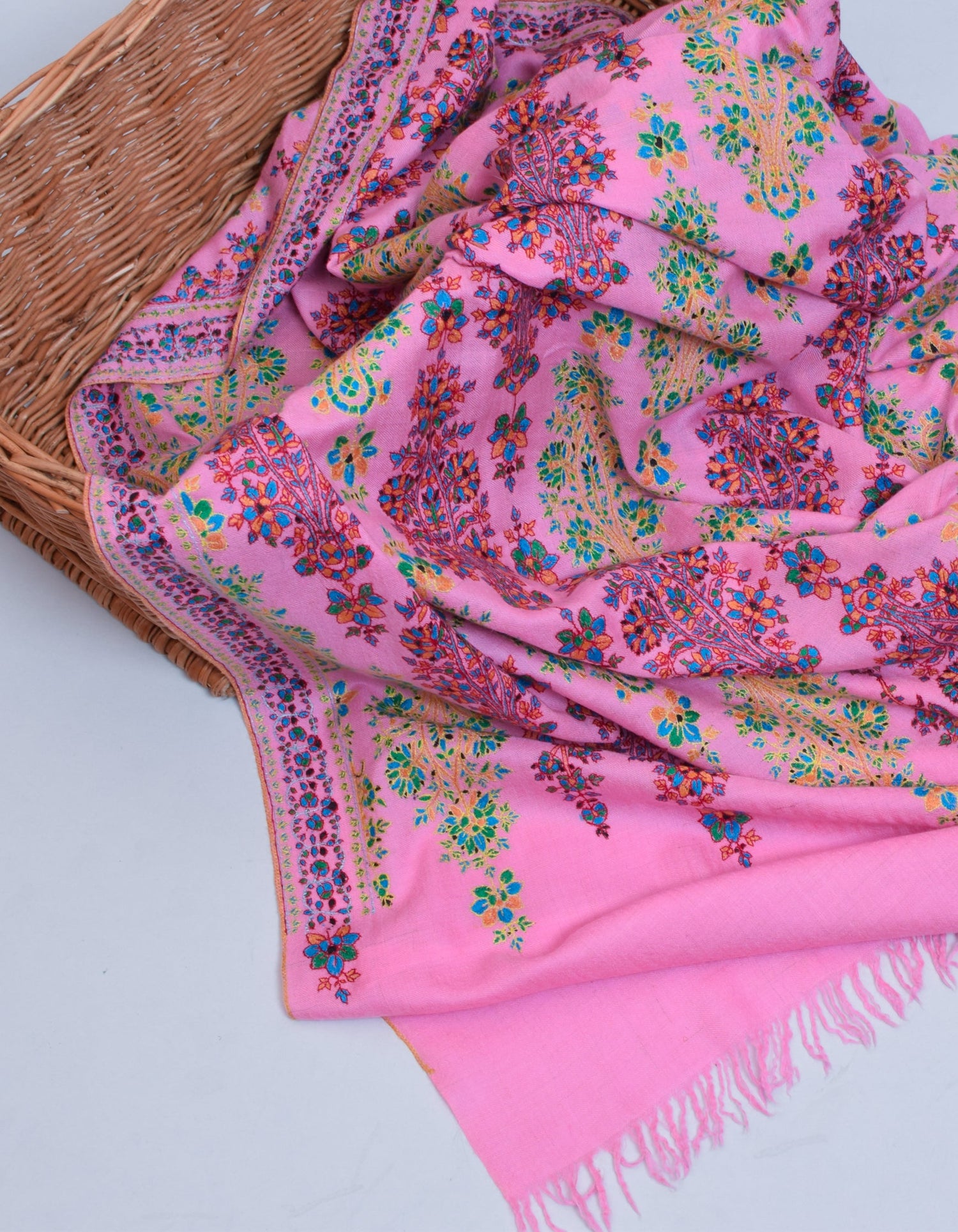 Baby Pink Handwoven Sozni Floral Embroidered Jamawar Pashmina Shawl