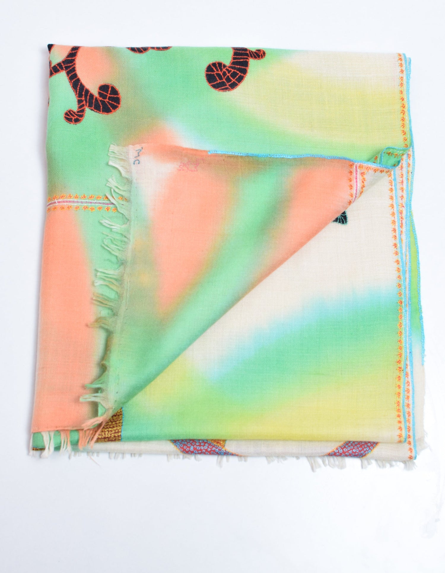 Multicolour Ombre Handwoven Sozni Butterfly Embroidered Cashmere Pashmina Stole