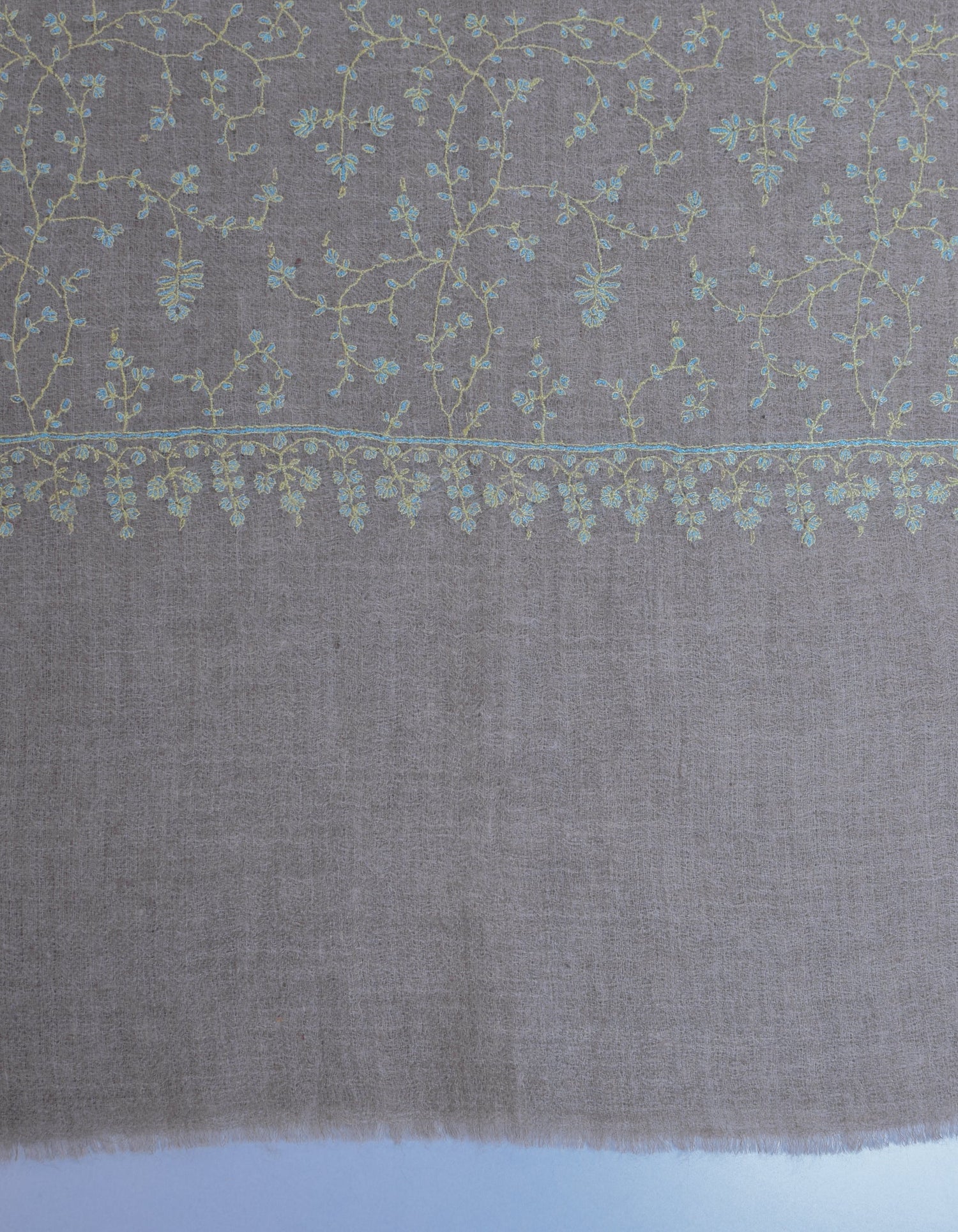 Pale Khaki Handwoven Sozni Embroidered Cashmere Pashmina Stole - Kashmir Box