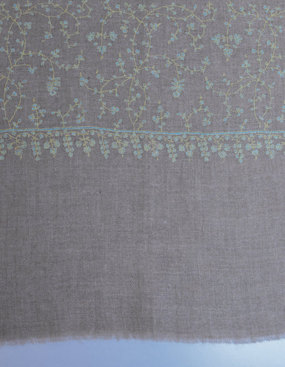 Pale Khaki Handwoven Sozni Embroidered Cashmere Pashmina Stole - Kashmir Box