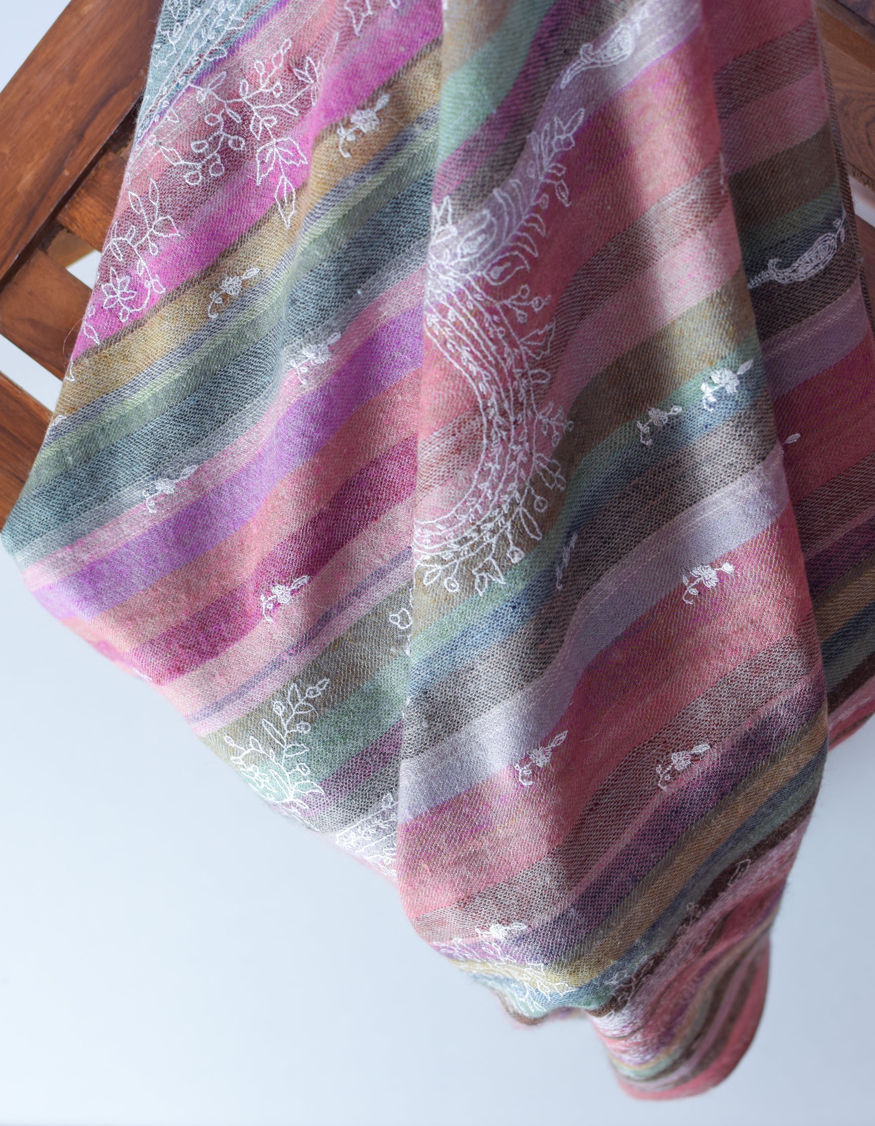 Multicolour Handwoven Stripes Sozni Embroidered Cashmere Pashmina Shawl