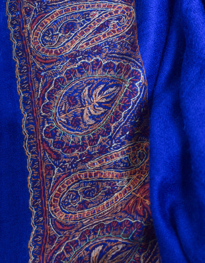 Royal Blue Handwoven Palla Embroidered Cashmere Pashmina Shawl - Kashmir Box