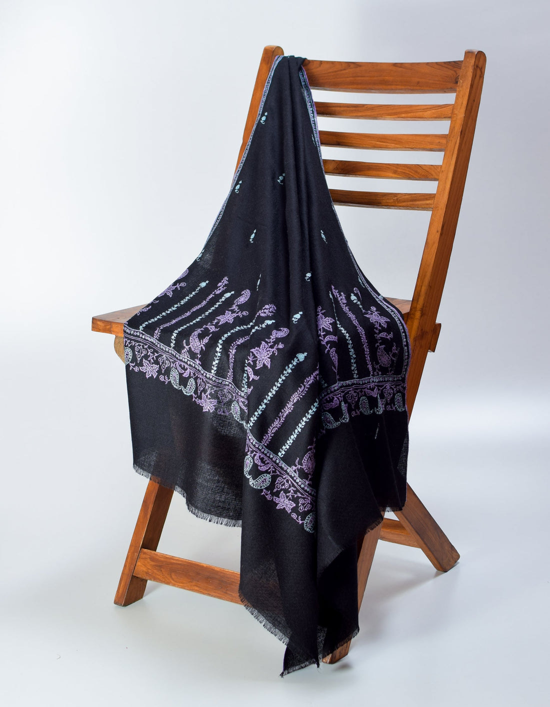 Jet Black Handwoven Border Embroidered Cashmere Pashmina Stole