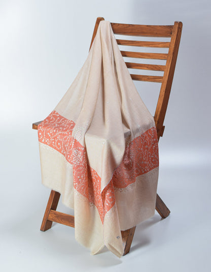 Natural Off-White Handwoven Pastel Embroidered Cashmere Pashmina Stole